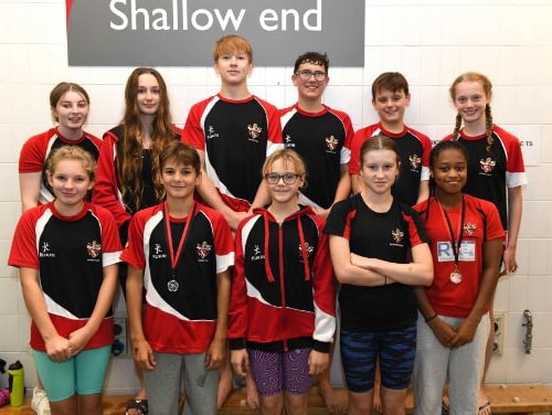 swimmers about to jump in pool